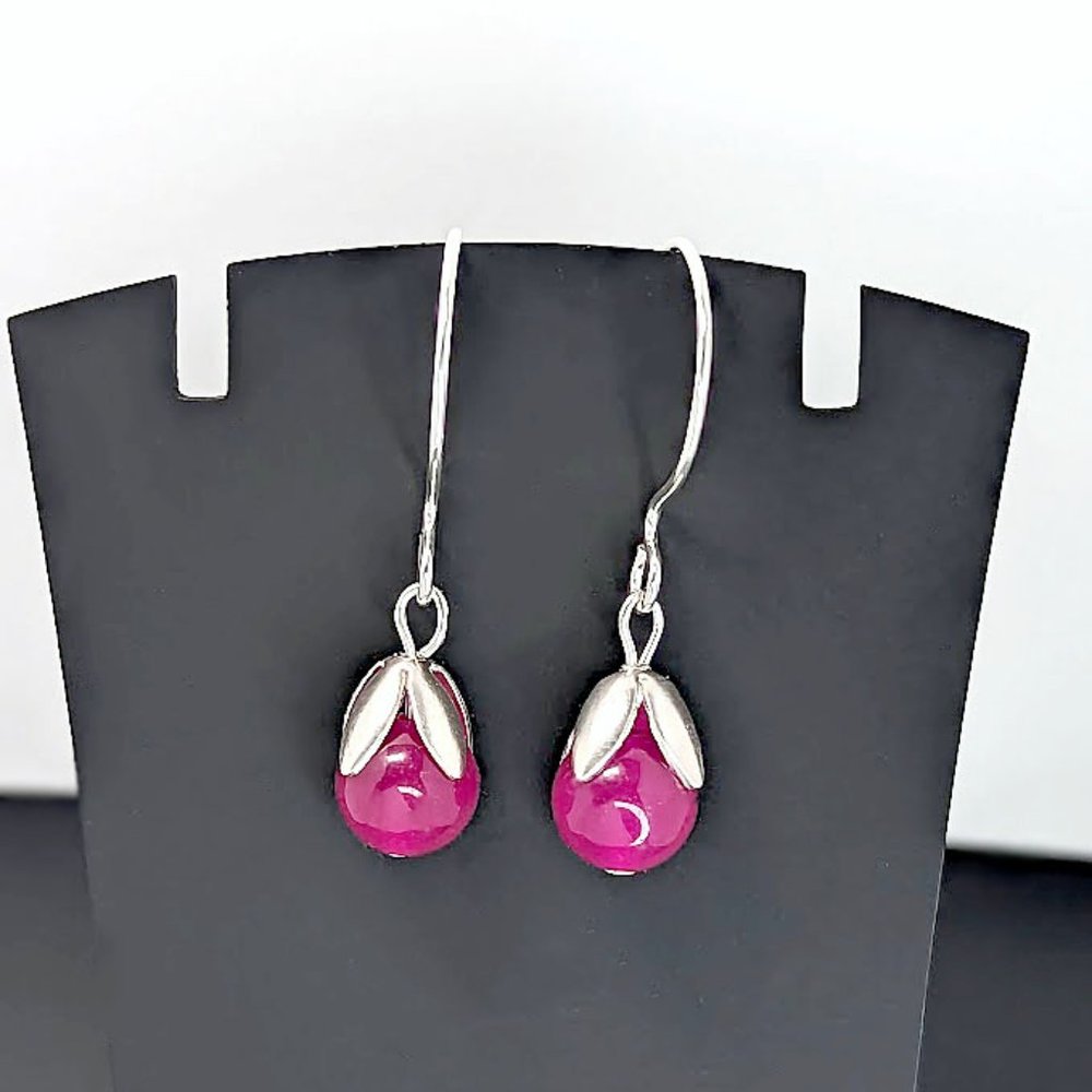 Floral Sterling Silver Filled Magenta Pink Quartz Beaded Gemstone Drop Earrings - Picture 2 of 7